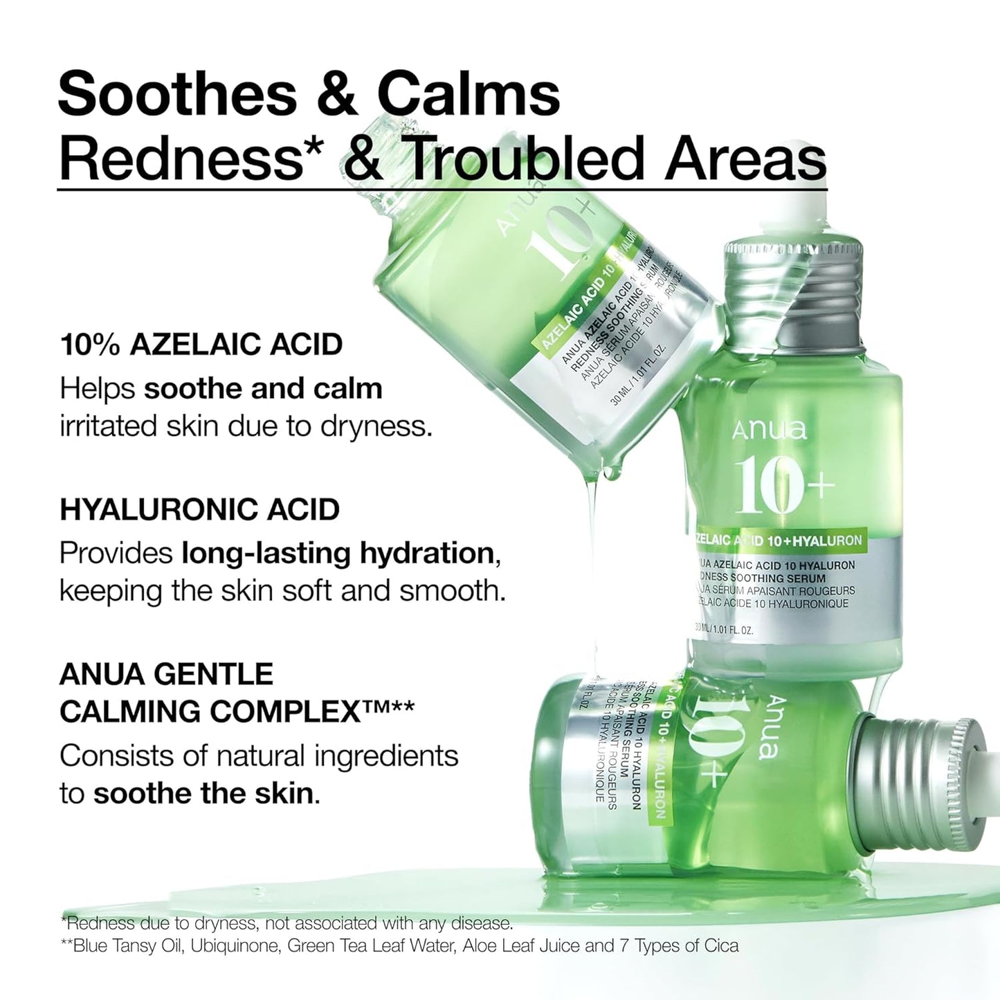 Anua Azelaic Acid 10% Redness Soothing Serum bottle with hyaluronic acid, 30ml clean skincare treatment for sensitive skin