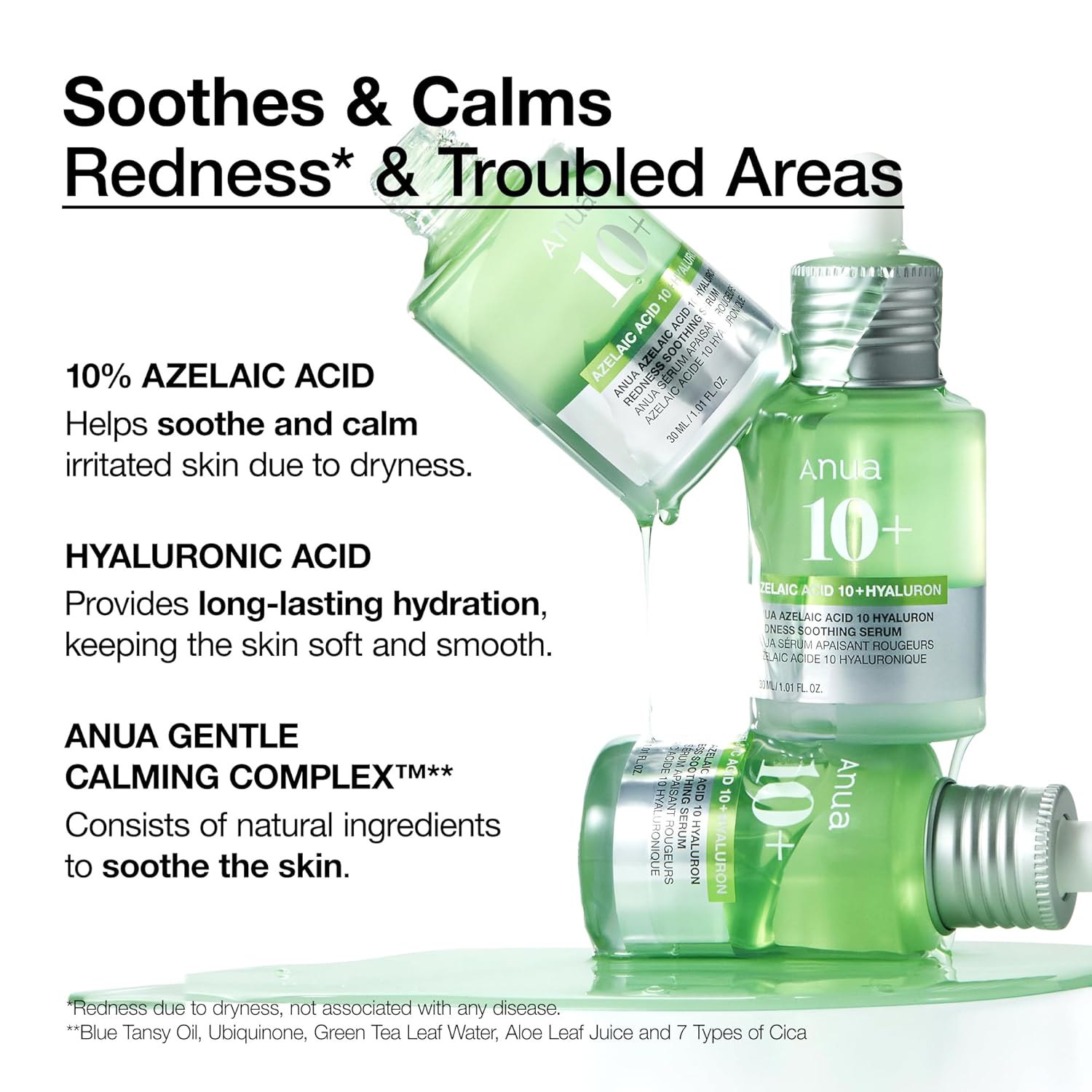 Anua Azelaic Acid 10% Redness Soothing Serum bottle with hyaluronic acid, 30ml clean skincare treatment for sensitive skin