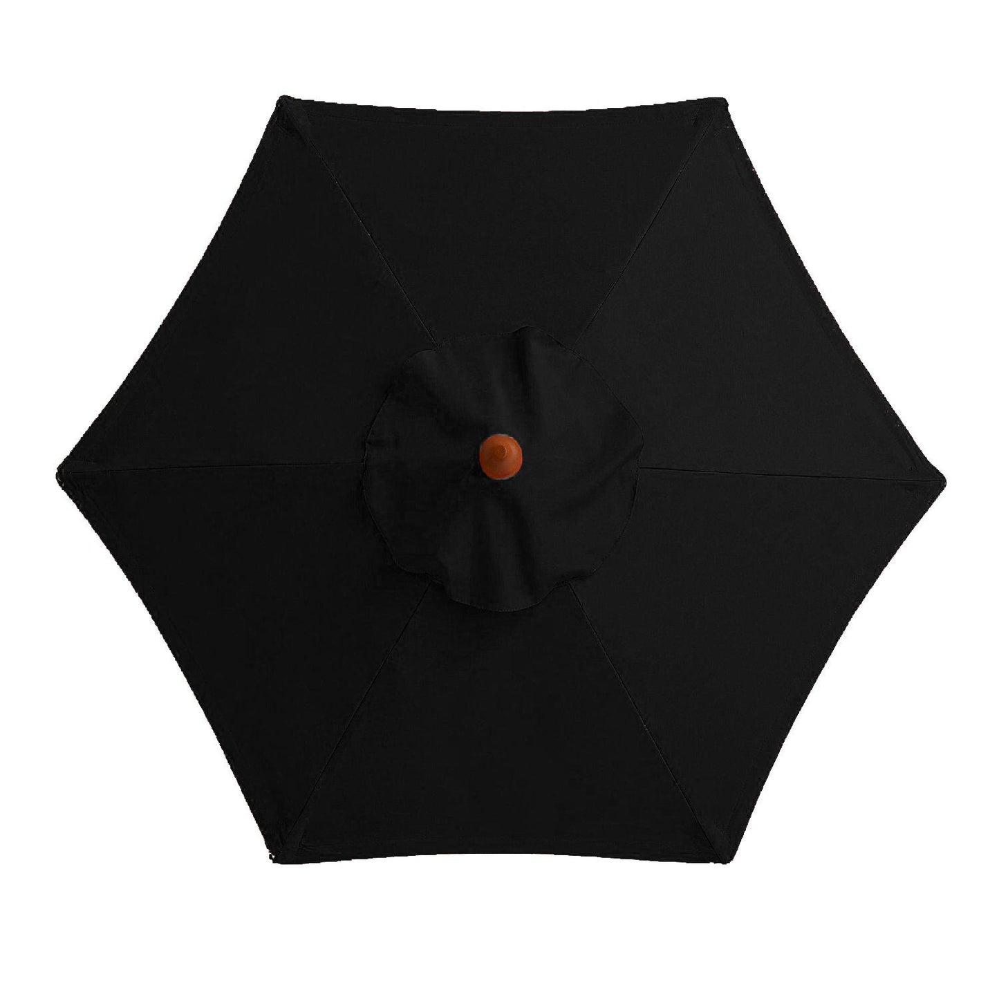Black patio umbrella with a red button on a white background