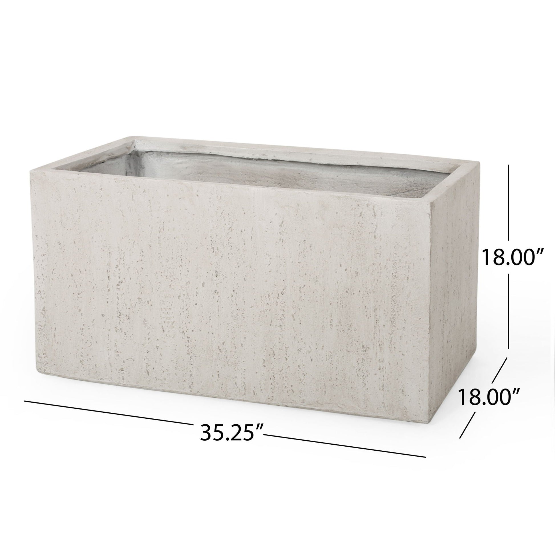Rectangular concrete planter with dimensions on a white background