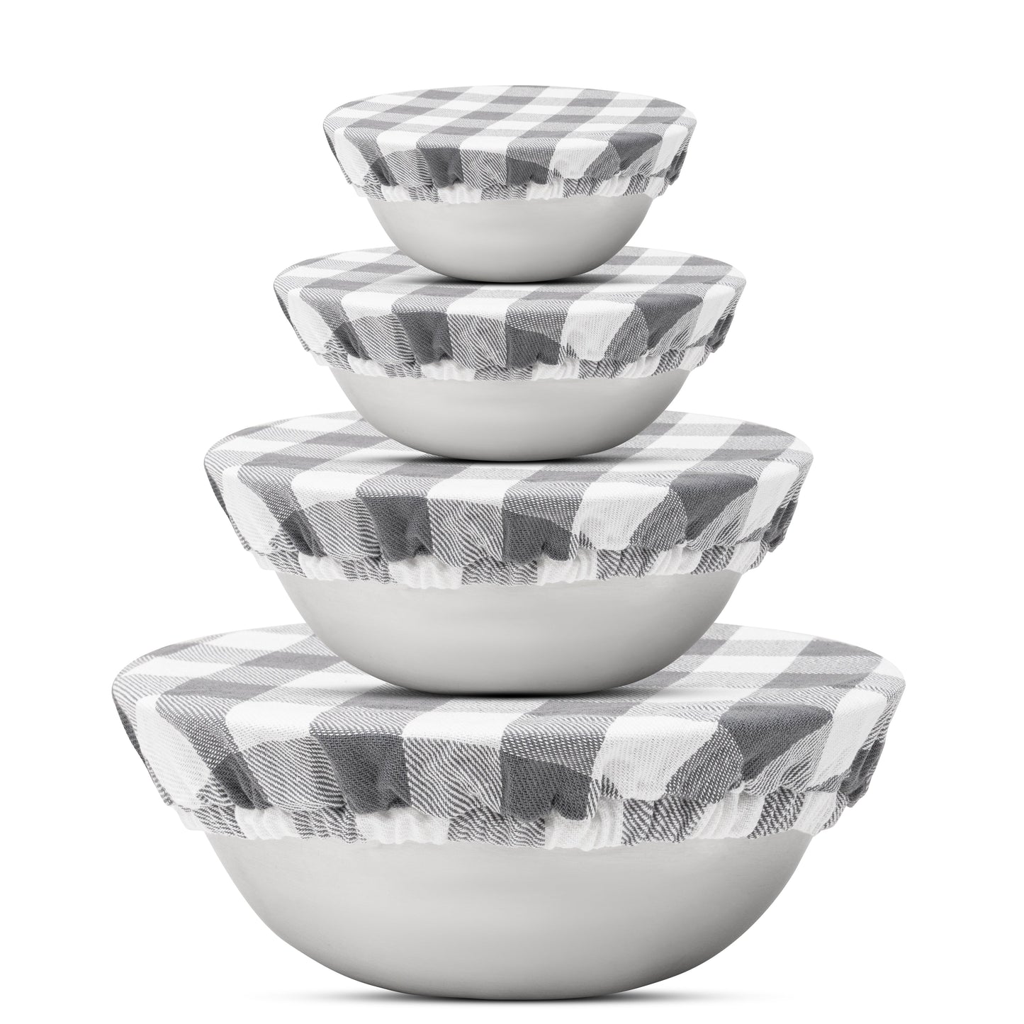 Set of five white bowls with gray and white checkered lids on a white background