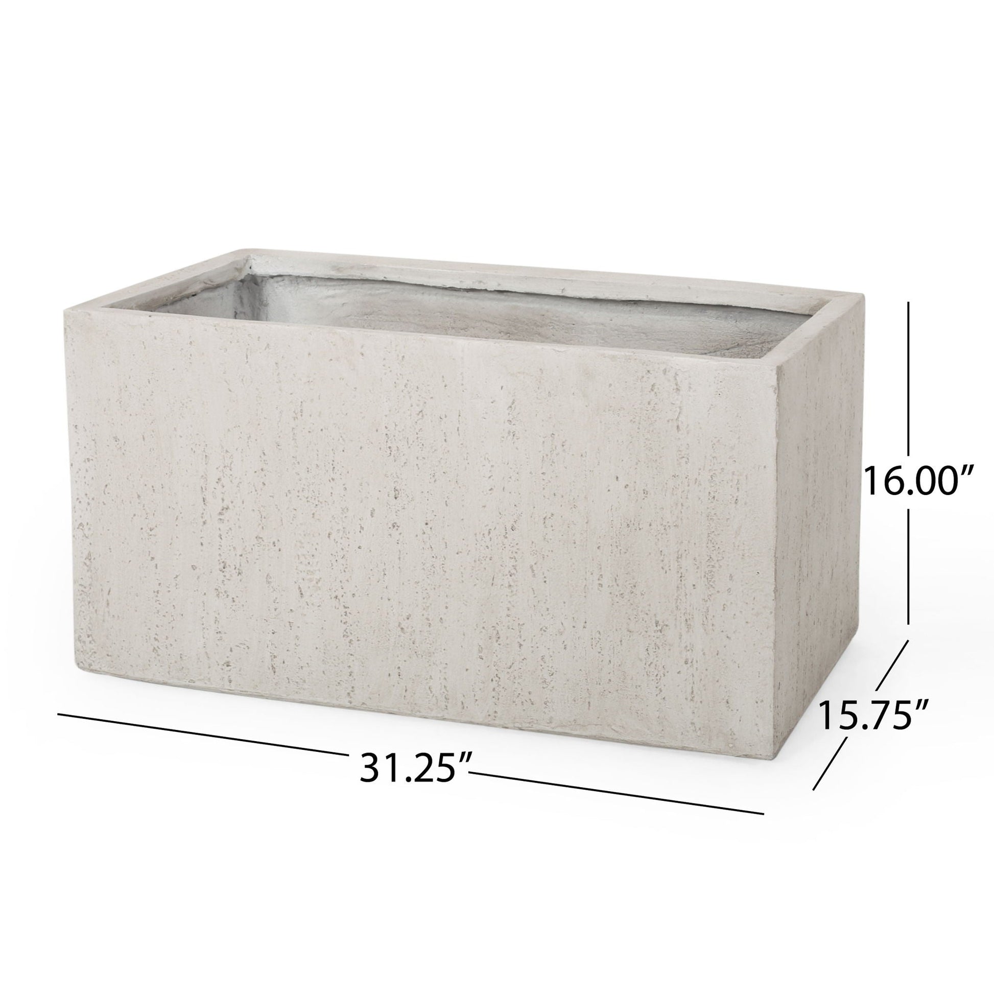 Rectangular concrete planter with dimensions on a white background