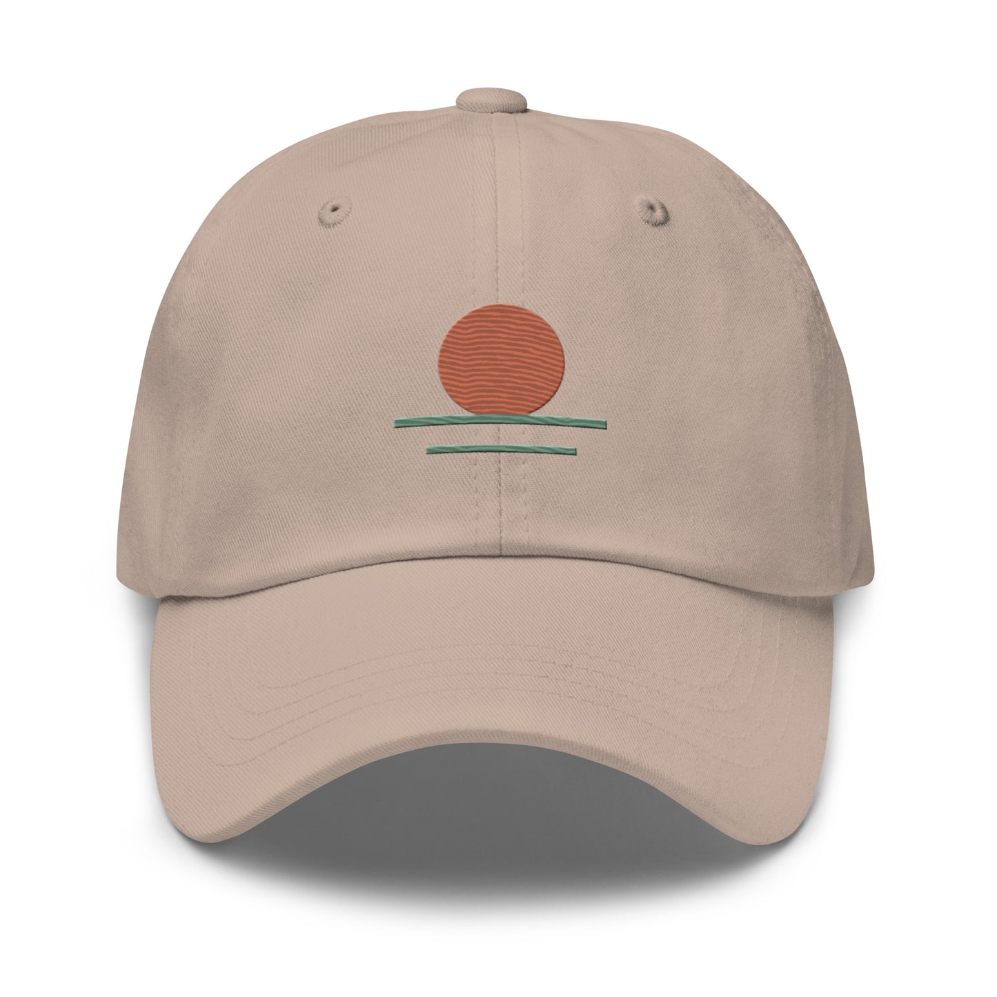 Beige cap with a red sun and green lines design on a white background