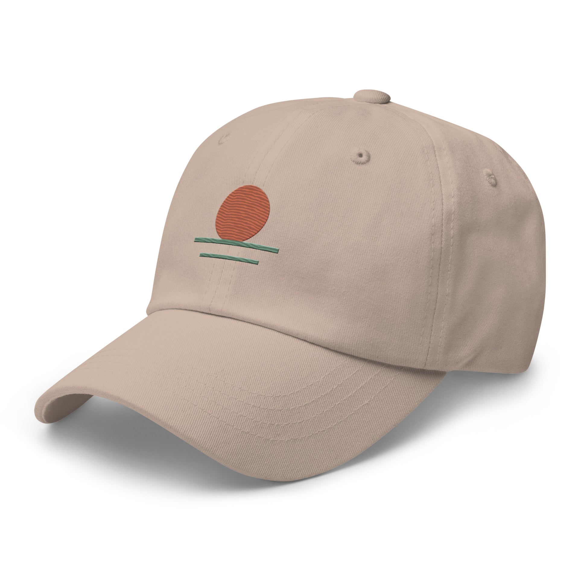 Beige cap with a red circle and green lines on a white background