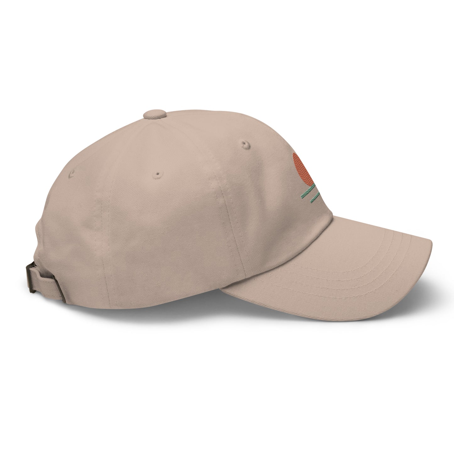 Beige cap with pink text on a white background