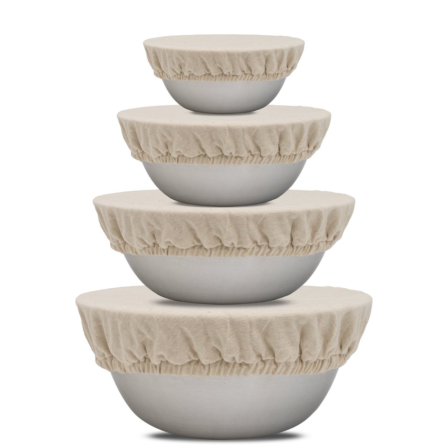Set of four white bowls with beige covers stacked on a white background