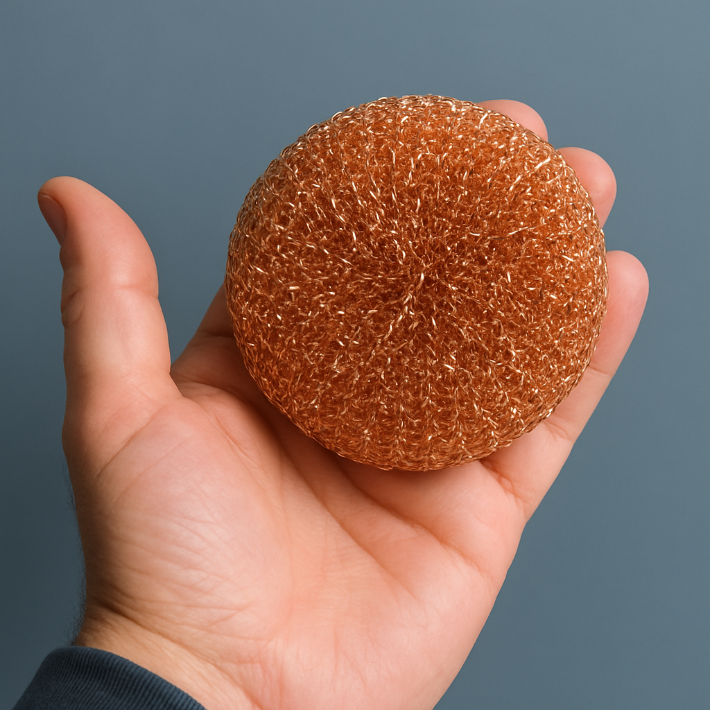 Hand holding a brown loofah sponge against a gray background