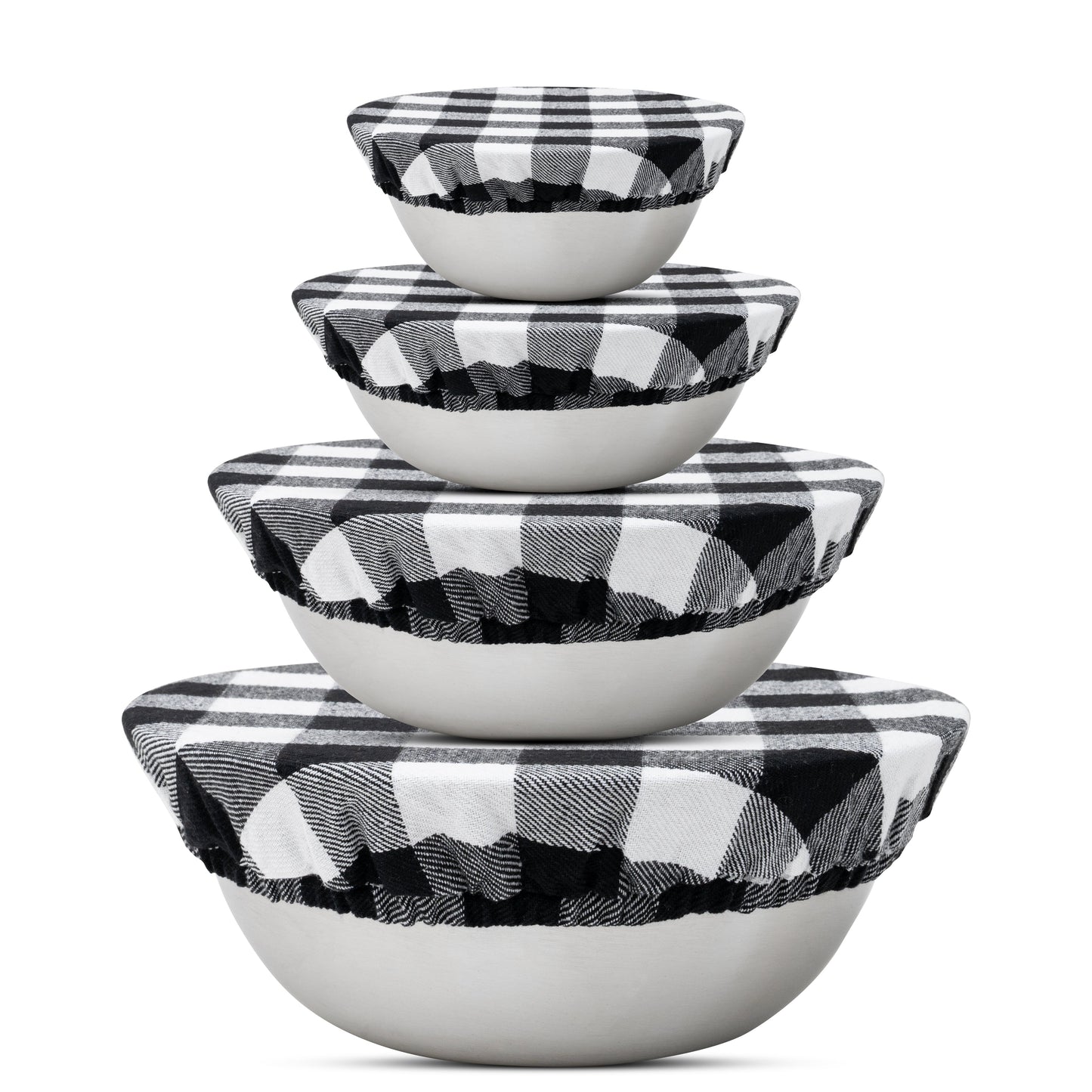 Set of five white bowls with black and white checkered lids on a white background