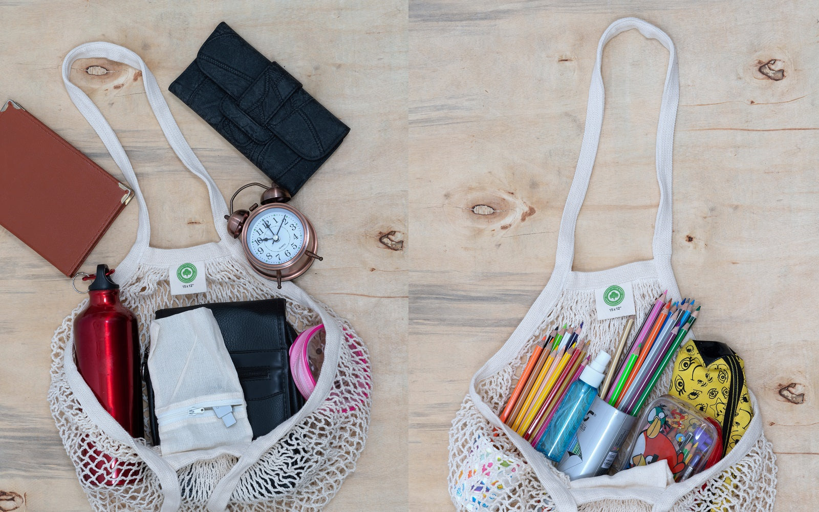 Two mesh bags filled with various items on a wooden surface