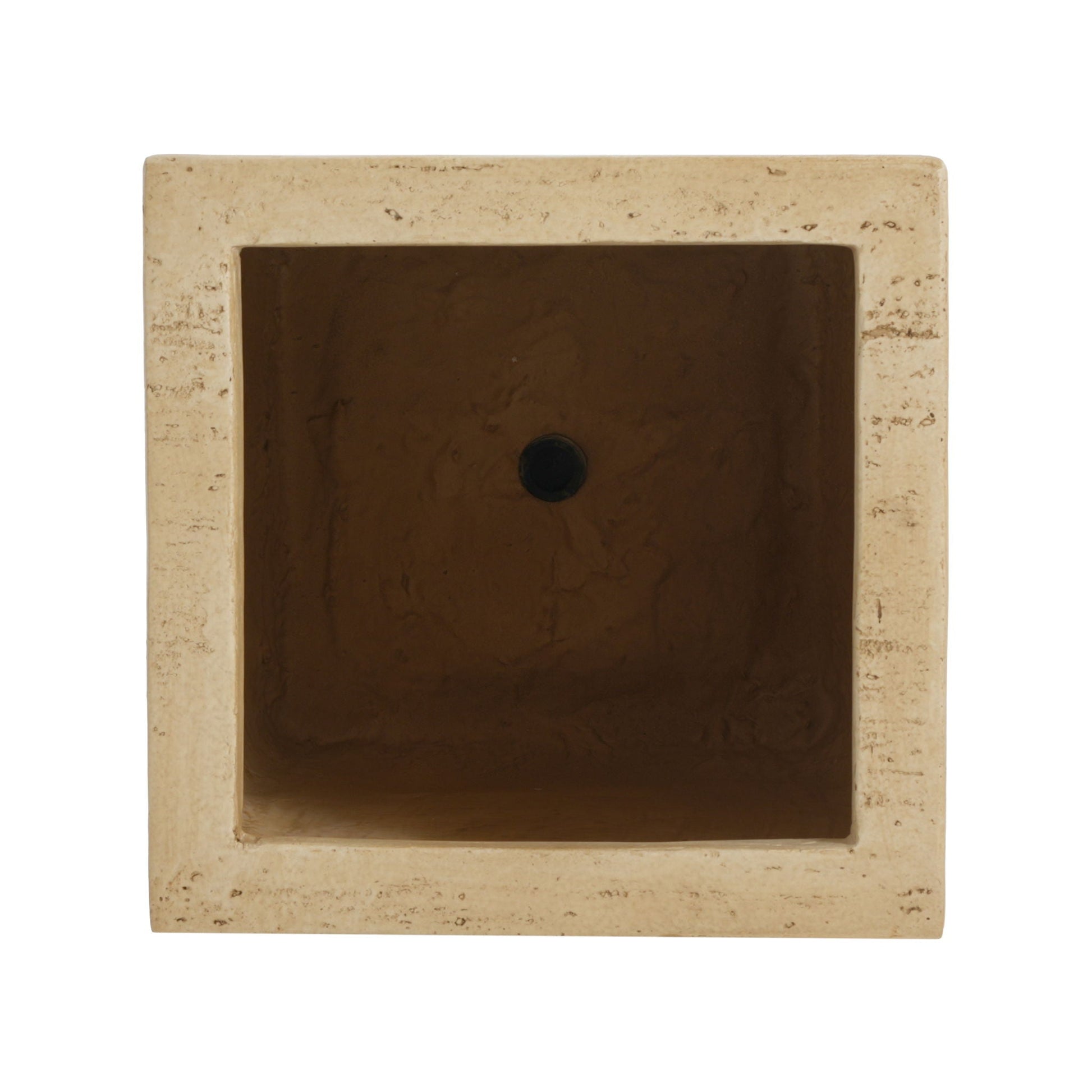 Square stone sink with a central drain hole on a white background