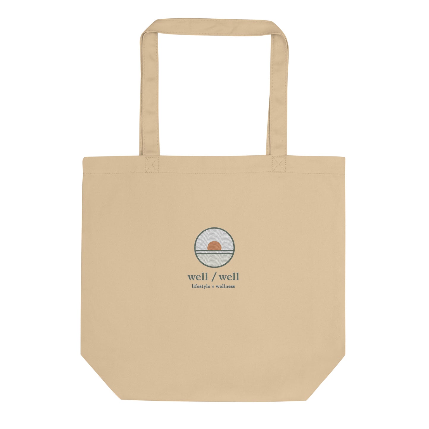 Beige tote bag with a logo and text on a white background