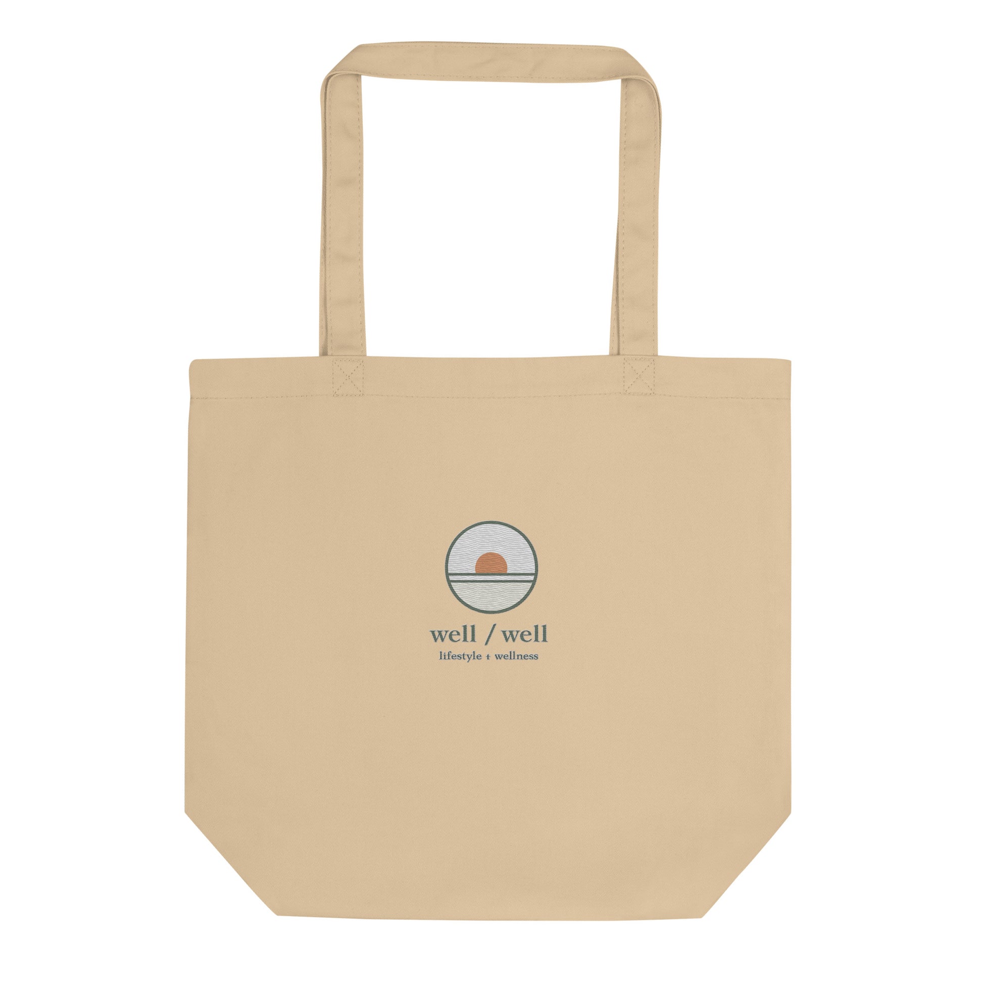 Beige tote bag with a logo and text on a white background