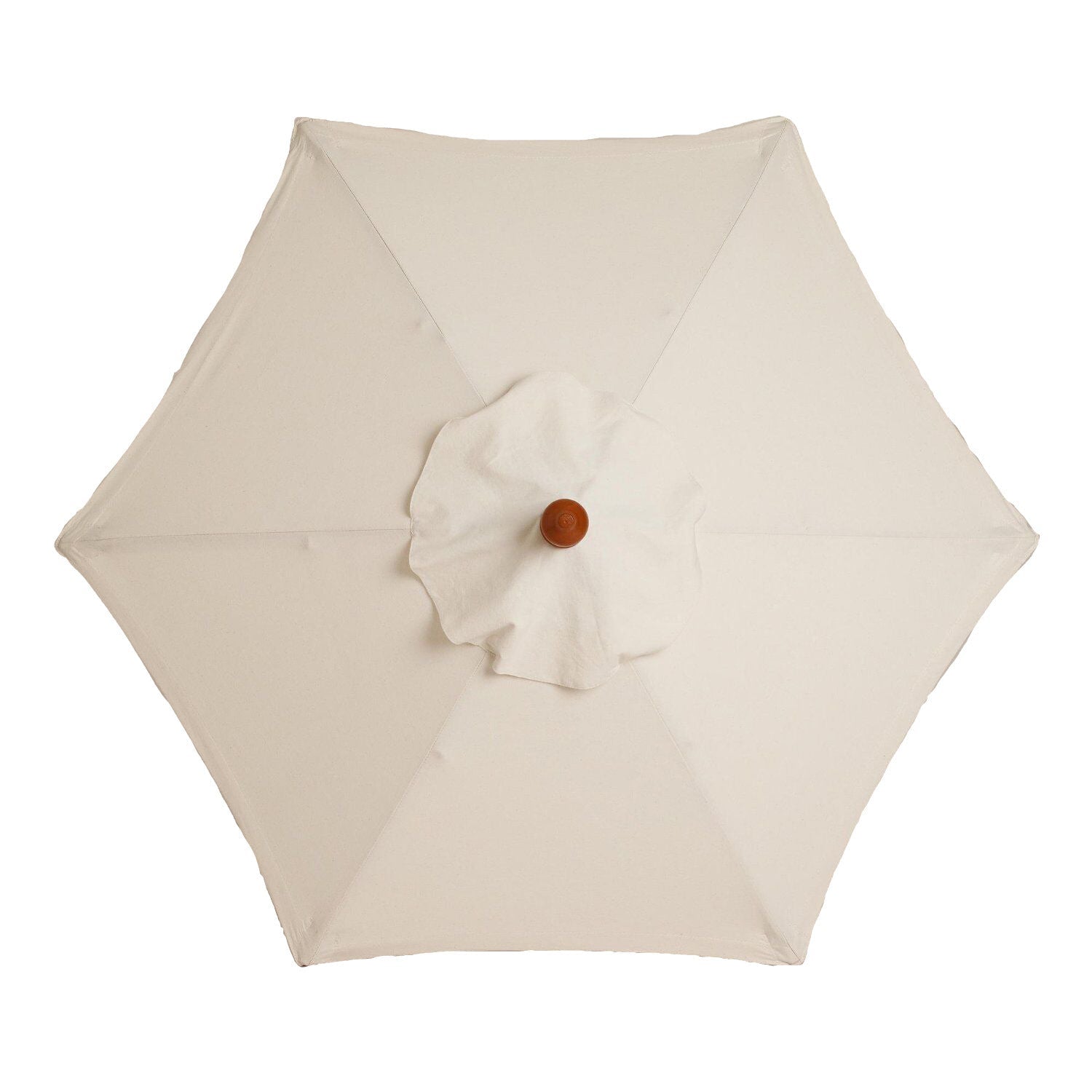 Beige patio umbrella with a wooden handle on a white background