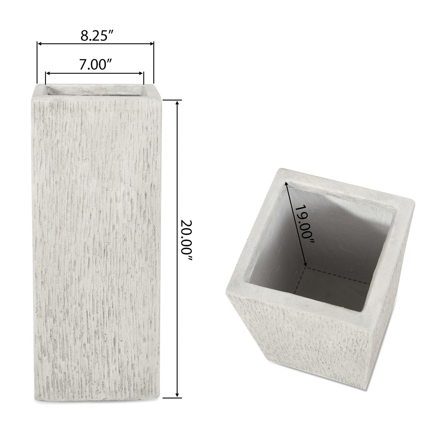 Two rectangular concrete planters with dimensions indicated on a white background