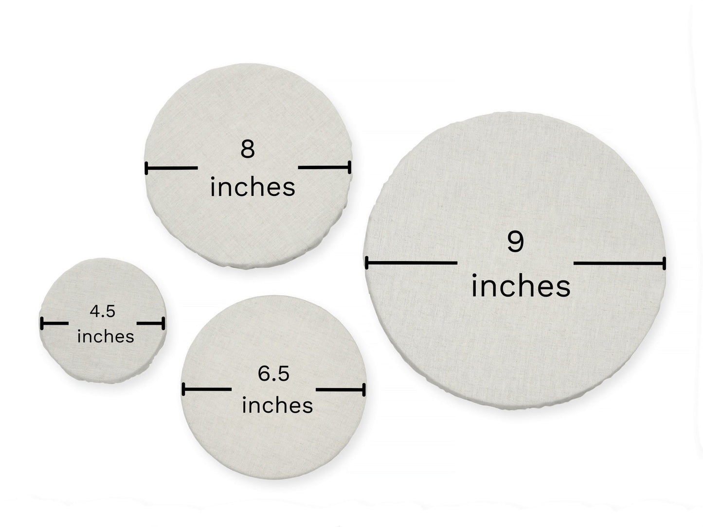 Four circular stones with measurements in inches on a white background