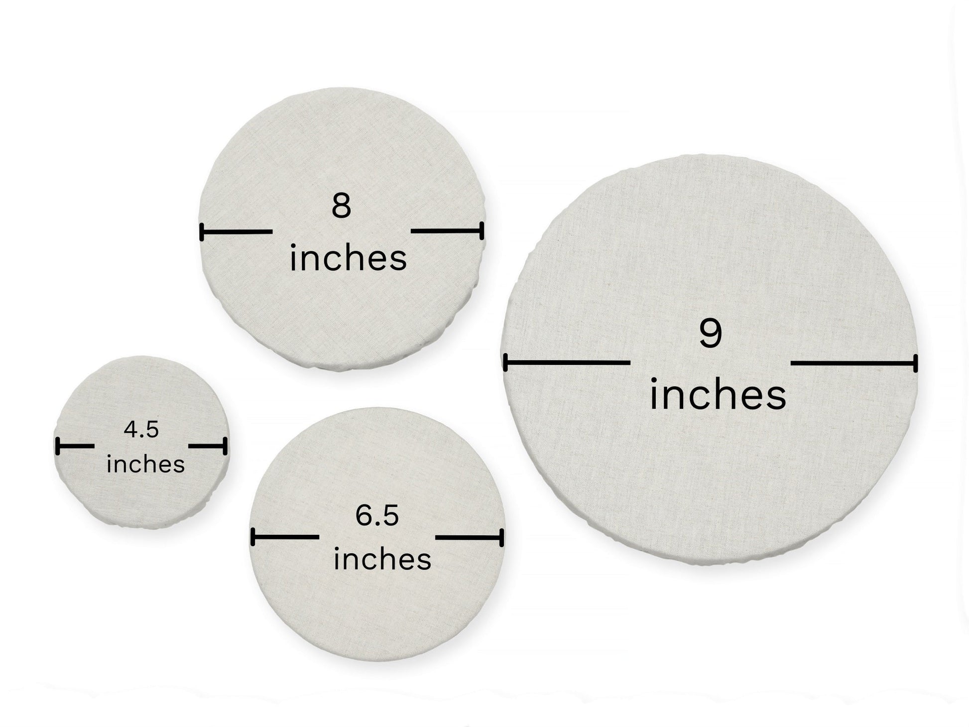 Four circular stones with measurements in inches on a white background