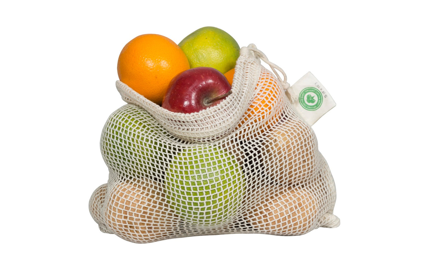 Mesh produce bag filled with fruits on a white background