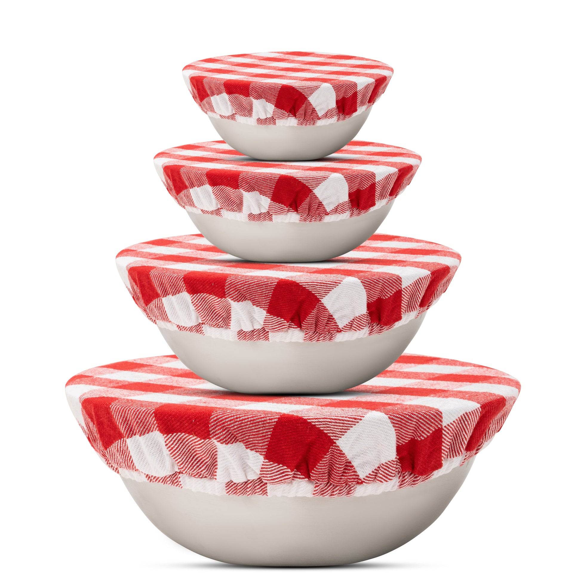 Set of five ceramic bowls with red and white checkered lids on a white background