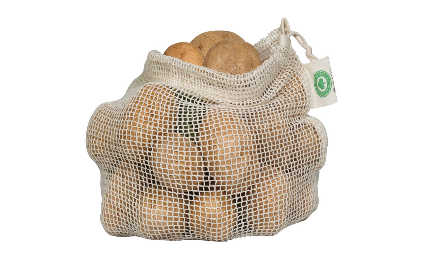 Mesh produce bag filled with potatoes on a white background