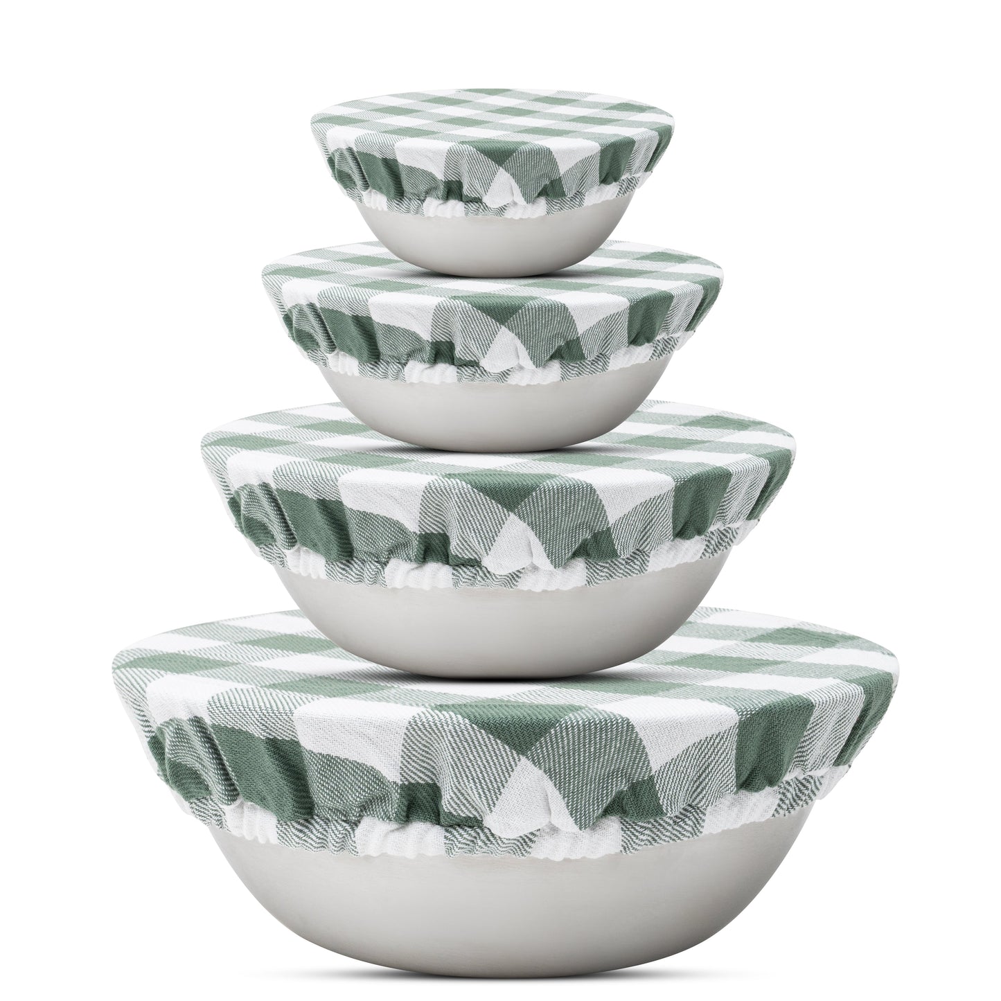 Set of five ceramic bowls with green and white patterns stacked on a white background