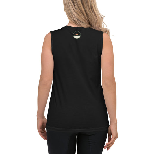 Black sleeveless shirt with a logo on the back worn by a person, white background