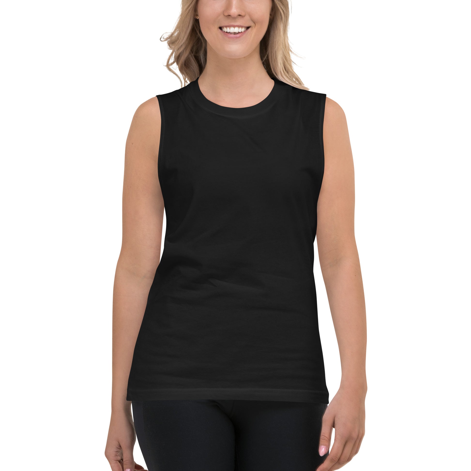 Woman wearing a black sleeveless shirt with a small logo on a white background