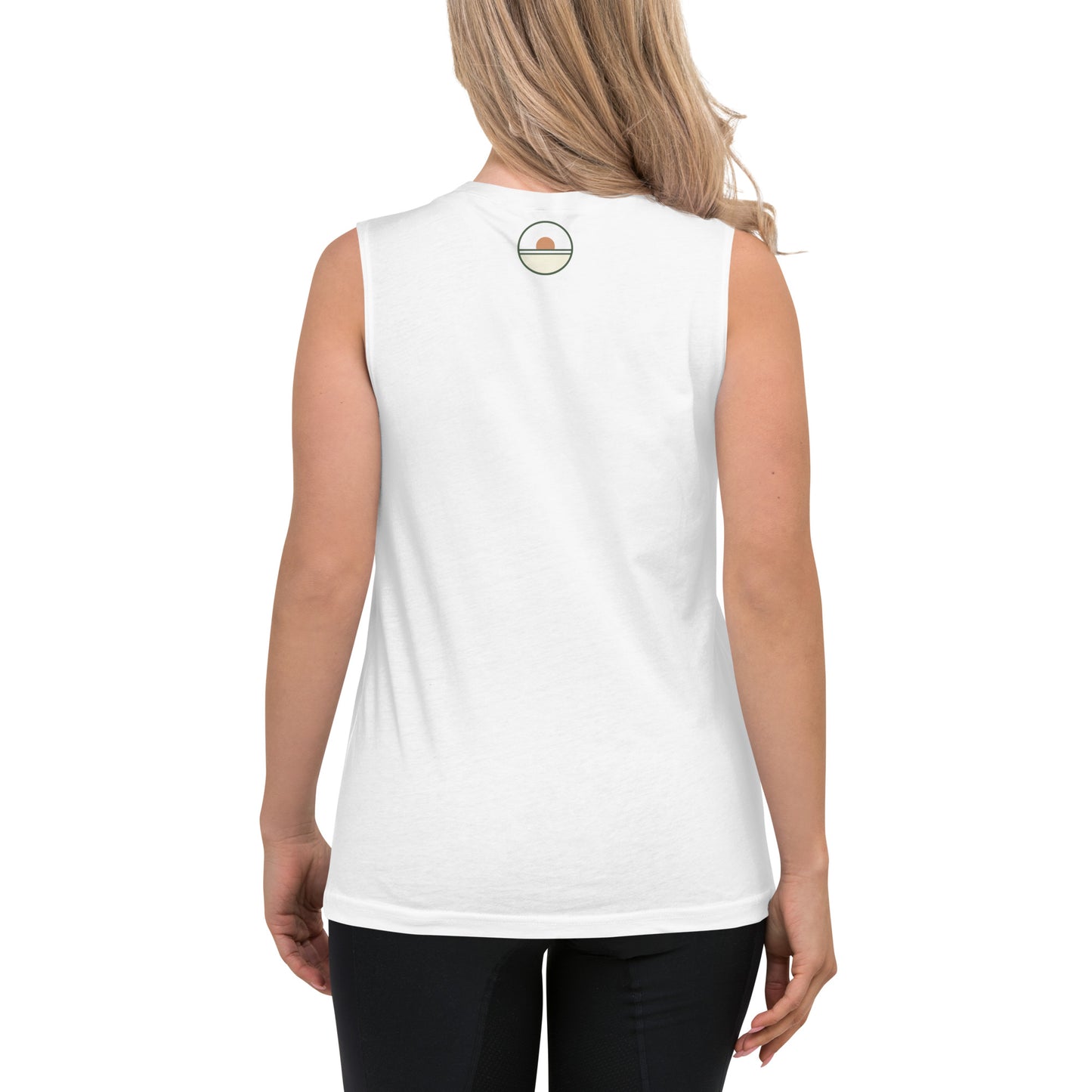 Woman wearing a white sleeveless top on a white background