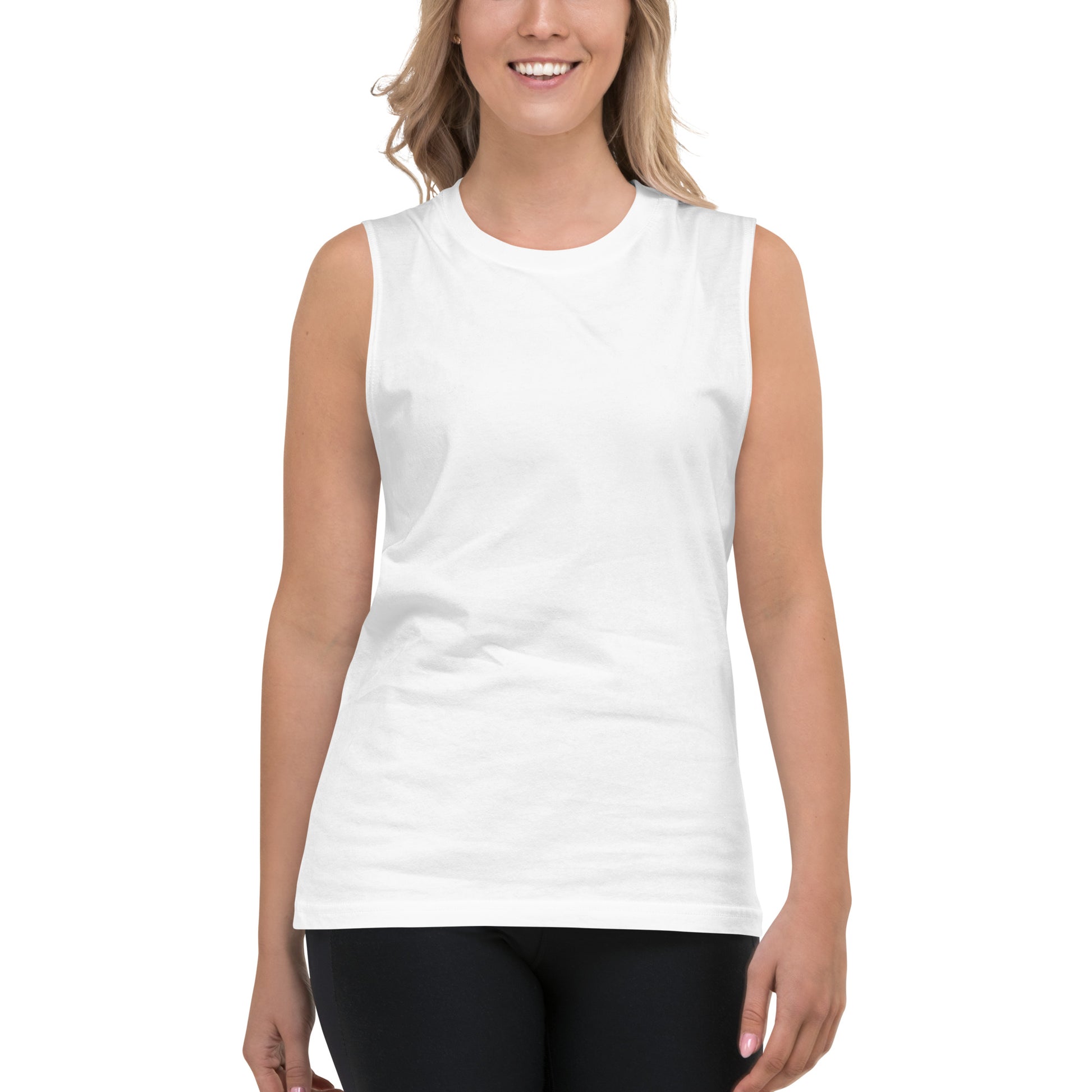 Woman wearing a white sleeveless top on a white background
